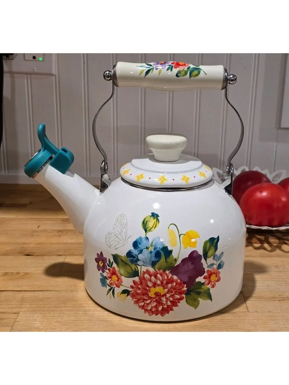 Pioneer Women Floral Enamel Tea Kettle with Whistle Spout and Ceramic Handle EUC